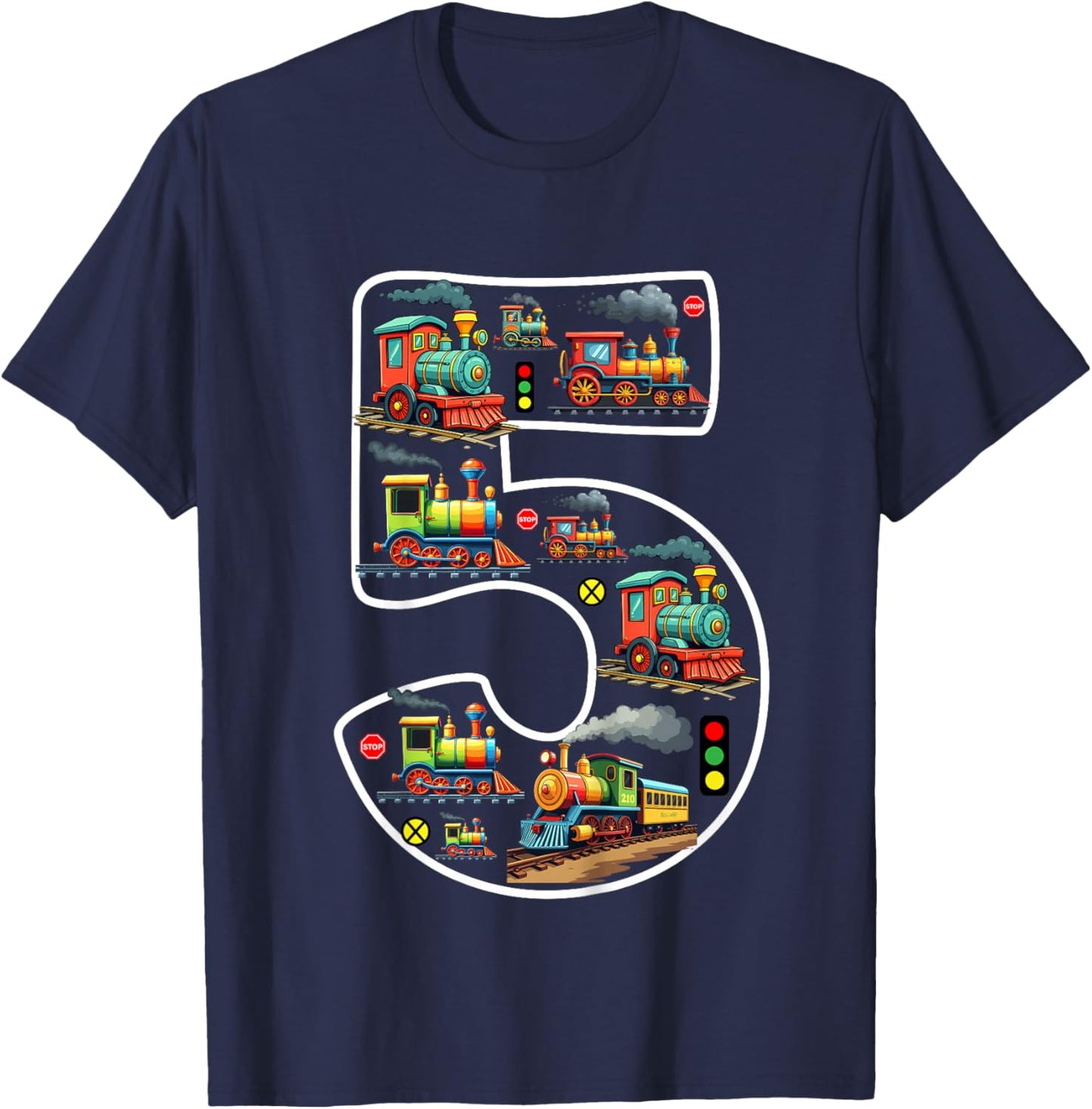 Kids 5 Year Old Boy Trains Birthday 5th Birthday Locomotive Train T-Shirt - T-Shirt | Navy
