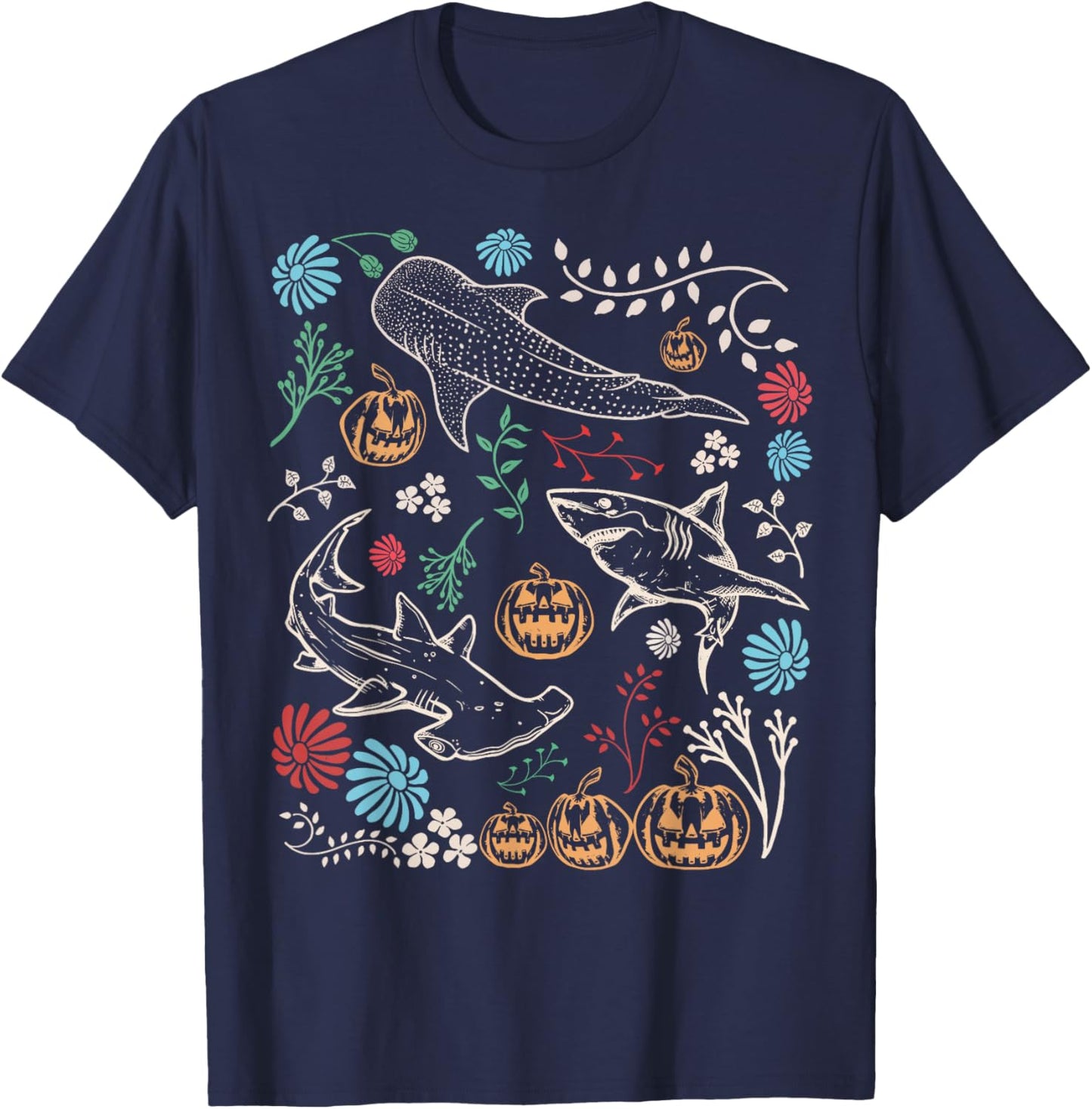 Vintage 90s Halloween Shark Pumpkin Ocean Marine Biology T-Shirt - T-Shirt | Navy