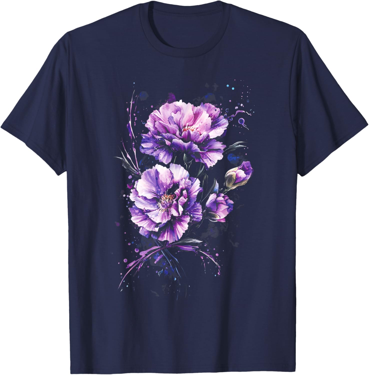 Purple Carnations Watercolor Splash Effect Floral T-Shirt - T-Shirt | Navy