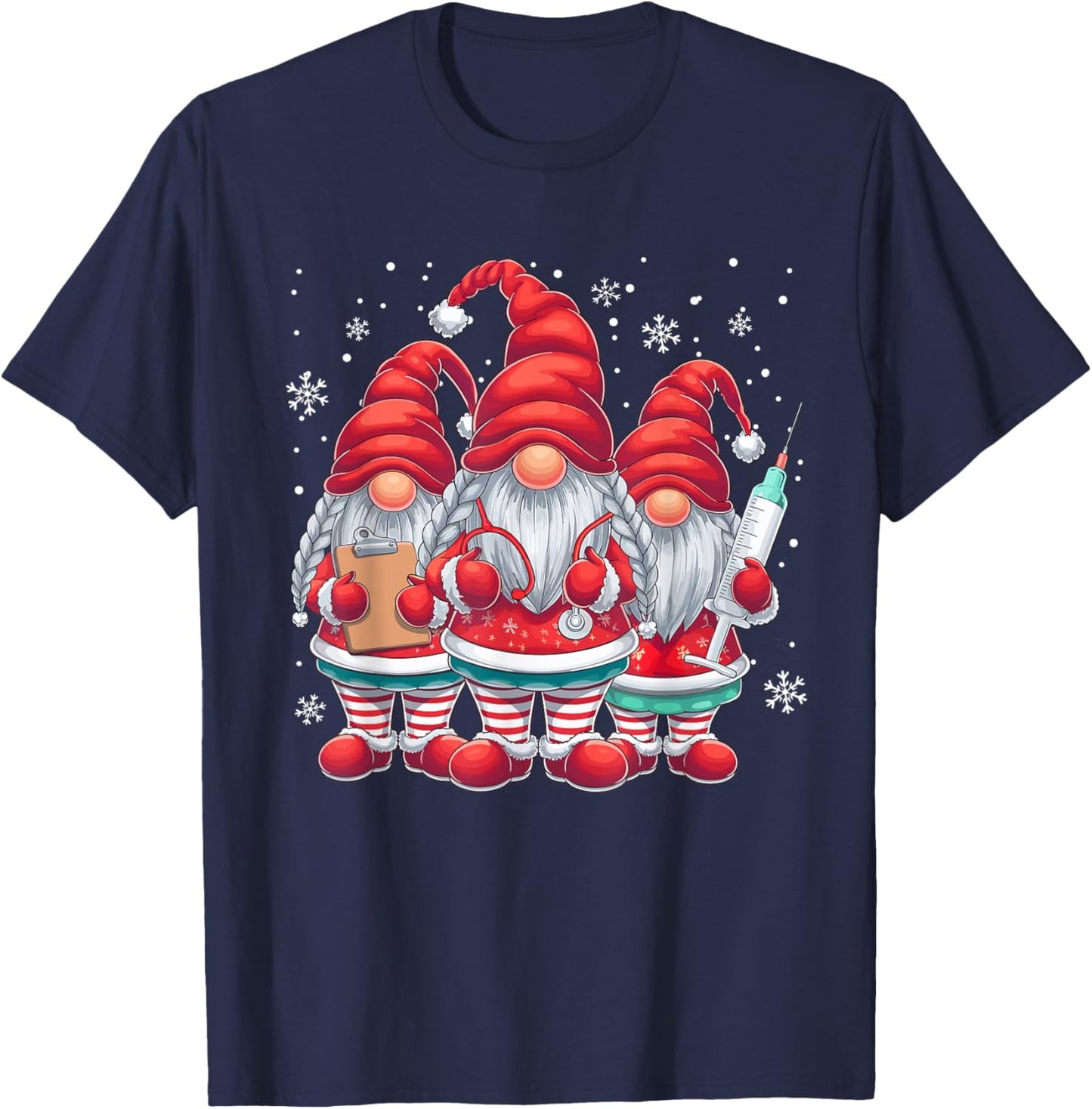 Xmas Medical Scrub Top Cute Nursing Christmas Gnomes Nurse T-Shirt - T-Shirt | Navy
