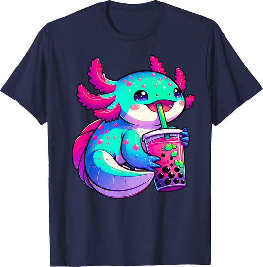 Axolotl Bubble Boba Tea Anime Cute Kawaii Blue Axolotl T-Shirt - T-Shirt | Navy