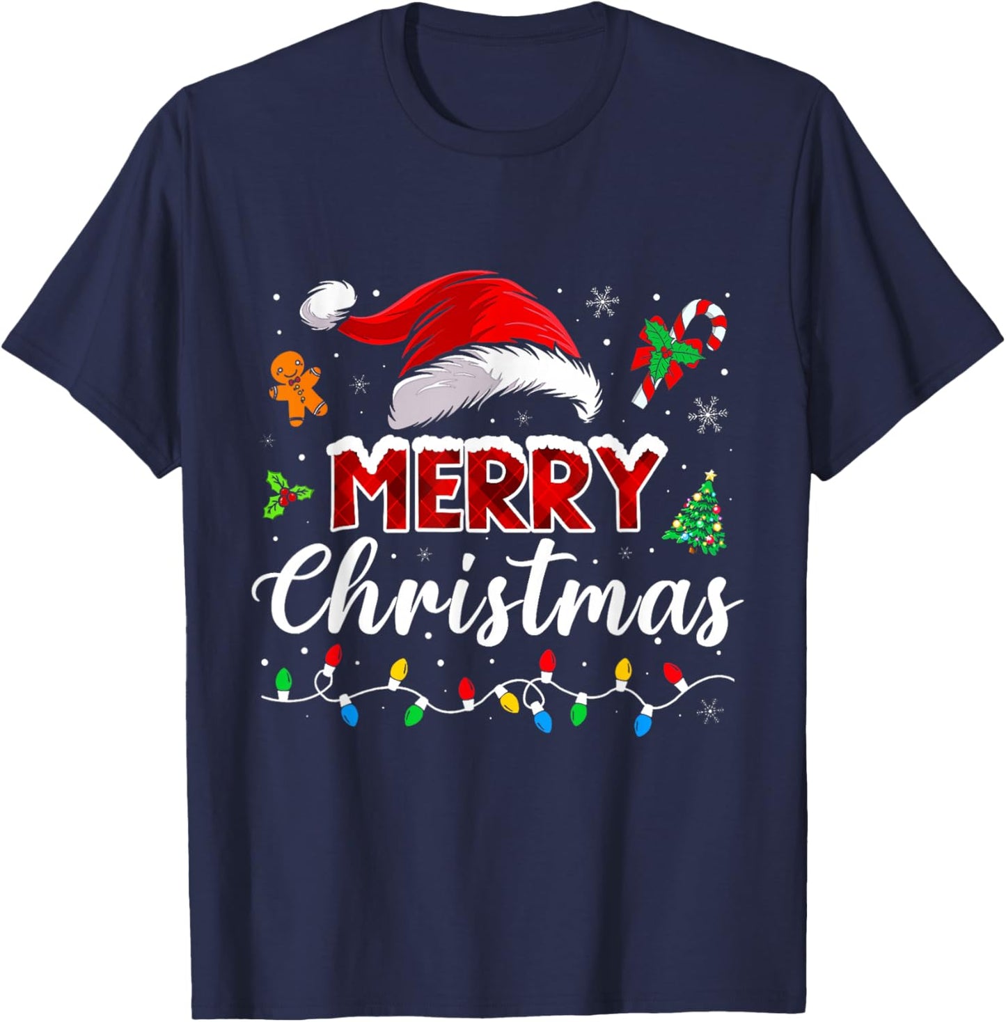 Merry Christmas Lights Santa Hat Xmas Family Matching Pajama T-Shirt - T-Shirt | Navy