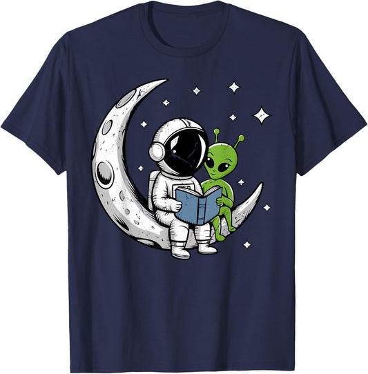 Astronaut Reading Book to Alien Moon Space Astronomy T-Shirt - T-Shirt | Navy