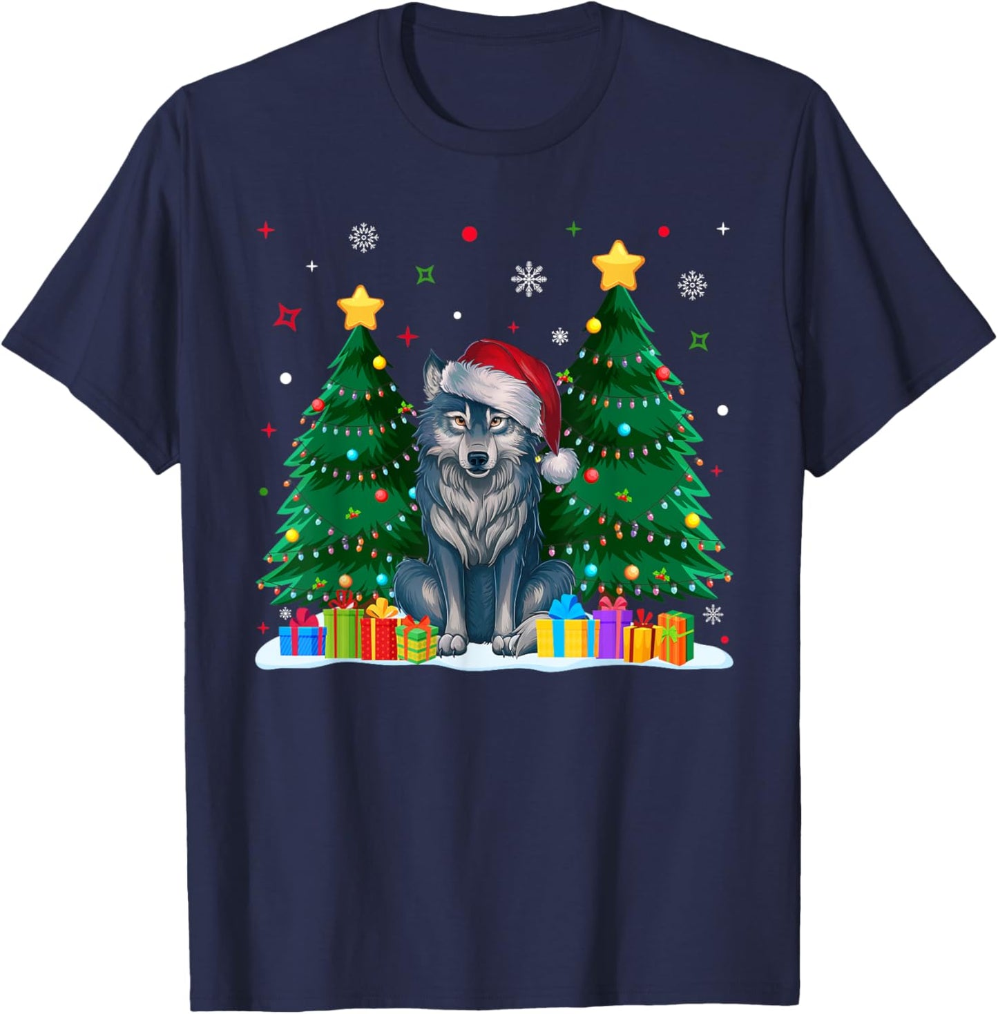 Funny Animal Lovers Wolf Santa Hat Ugly Christmas Sweater T-Shirt - T-Shirt | Navy
