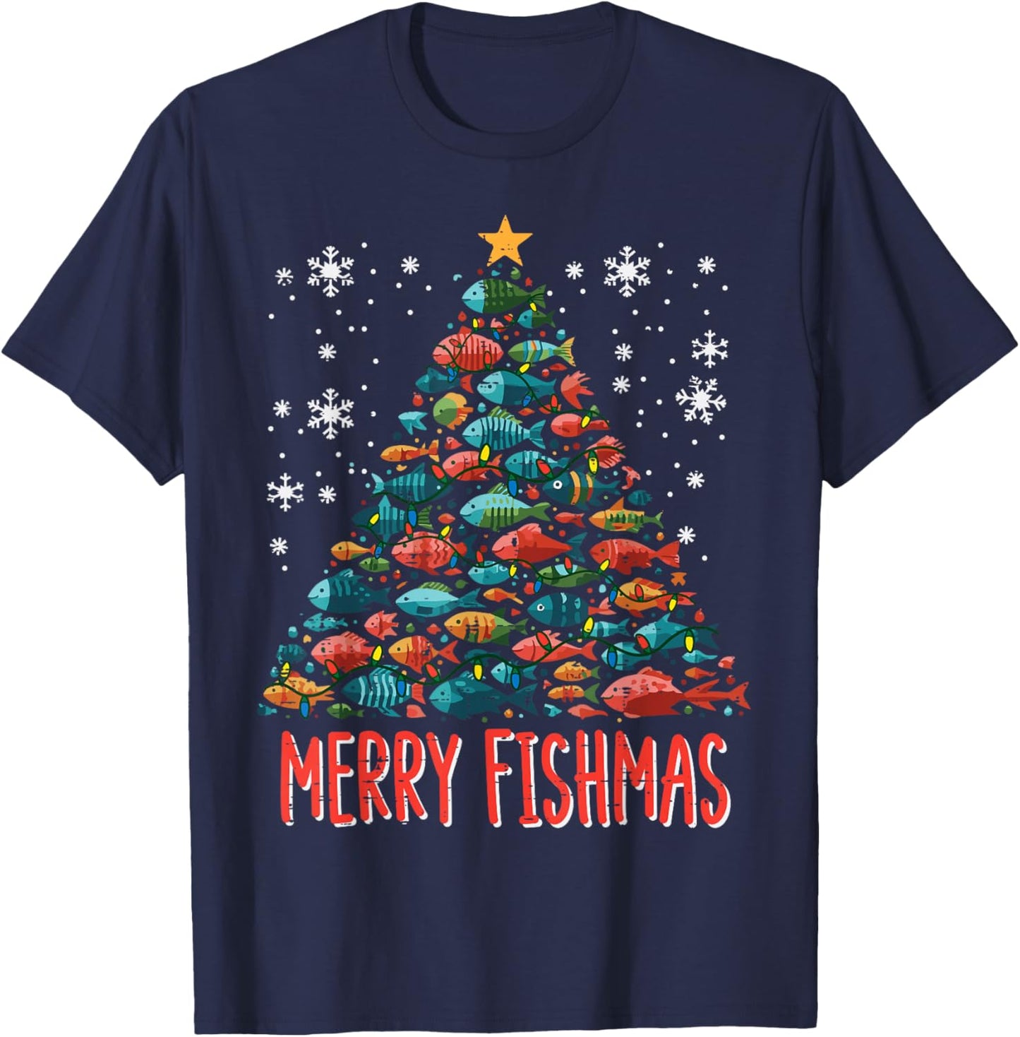 Fish Christmas Tree Merry Fishmas Xmas Boys Kids Men Women T-Shirt - T-Shirt | Navy