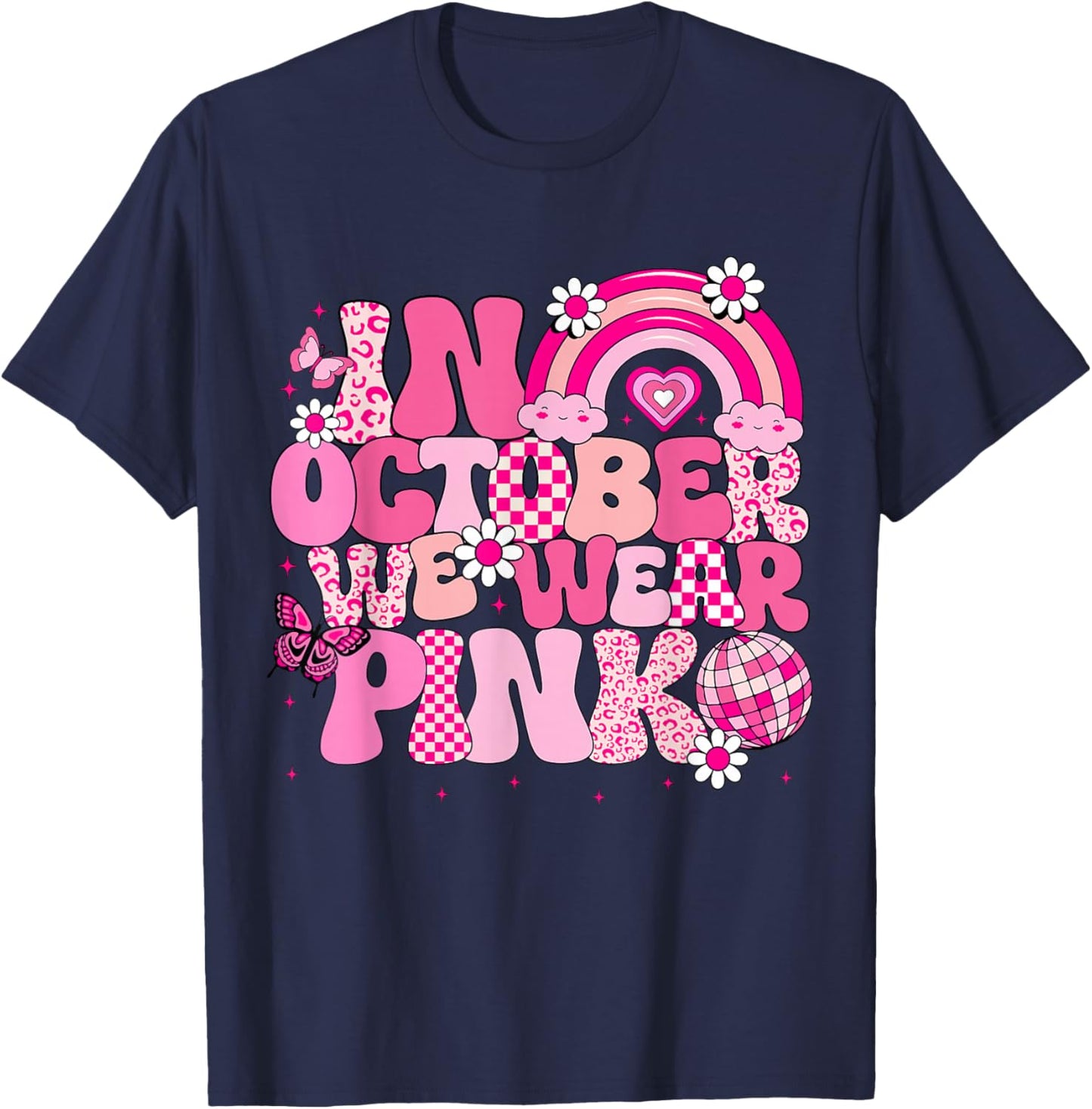 Groovy Breast Cancer Awareness In October We Wear Pink Kids T-Shirt - T-Shirt | Navy