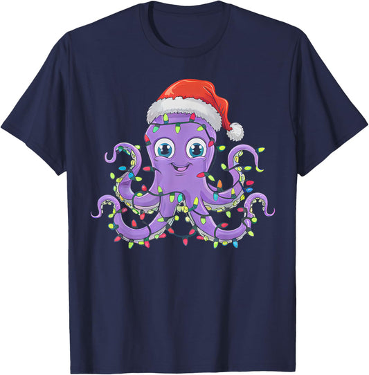 Octopus Wearing Santa Hat Christmas - Octopus Lover Xmas T-Shirt - T-Shirt | Navy