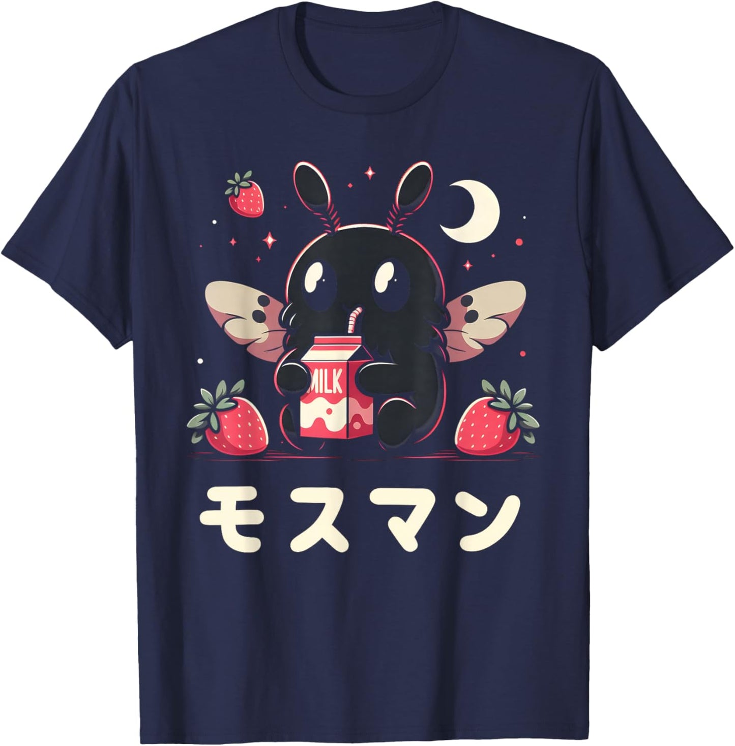 Kawaii Mothman Drinking Strawberry Milkshake T-Shirt - T-Shirt | Navy