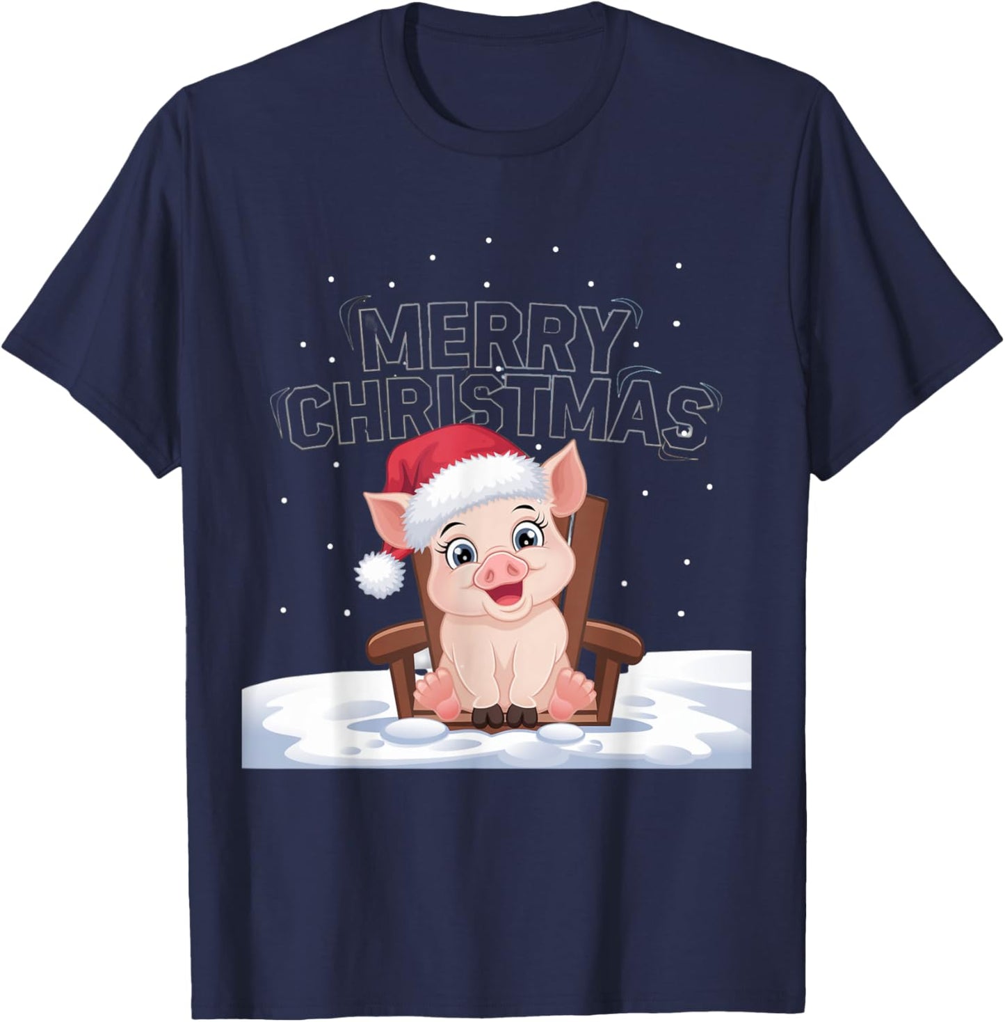 Cute Pig in Santa Hat Merry Christmas Winter Holiday Design T-Shirt - T-Shirt | Navy