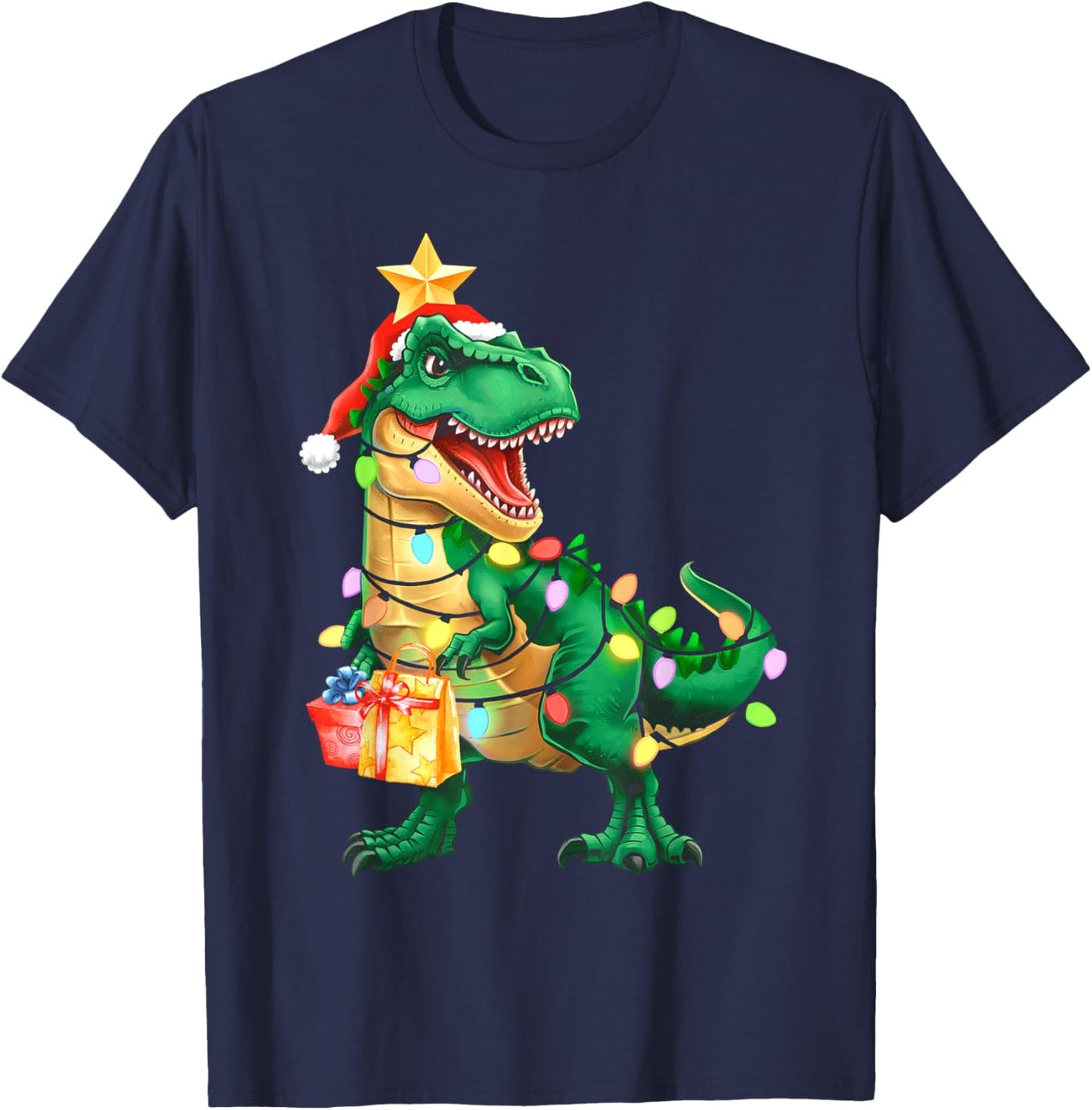 Christmas Shirts For Kids Xmas Tree Lights Dinosaur Boys T-Shirt - T-Shirt | Navy