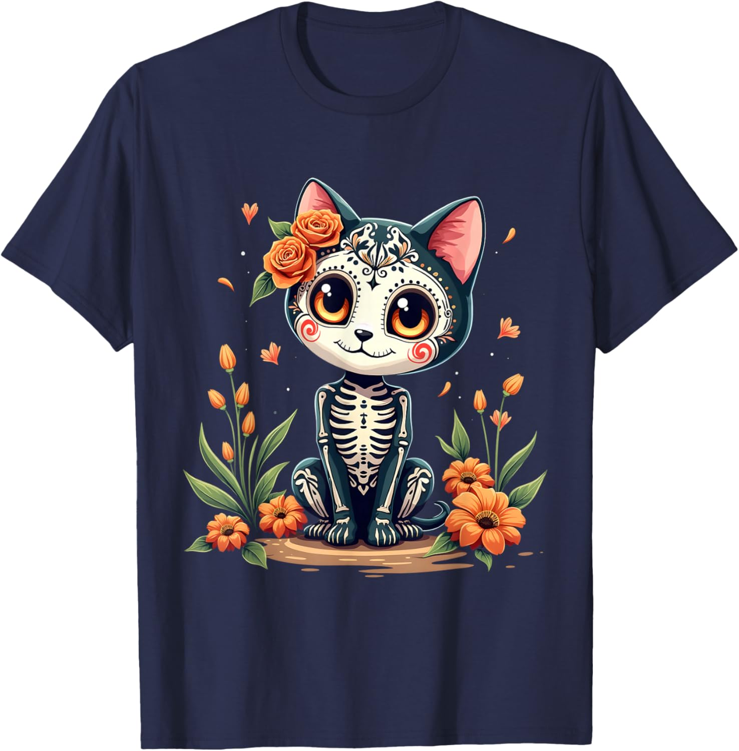 Colorful Sugar Skull Cat Mexican Halloween T-Shirt - T-Shirt | Navy