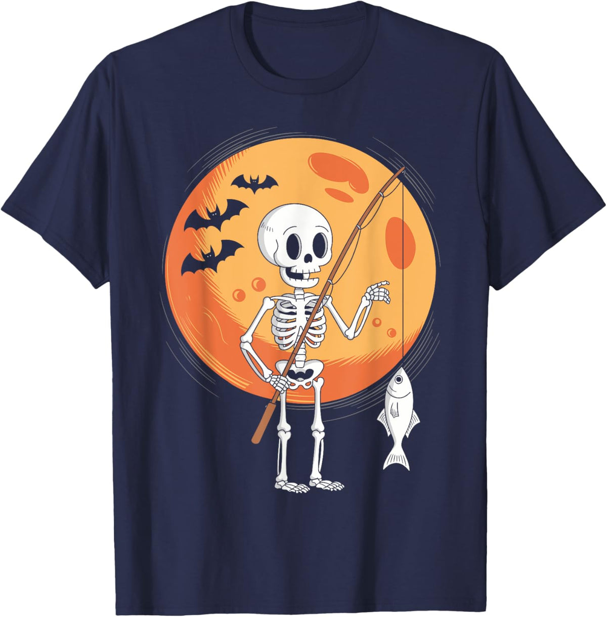 Funny Skeleton Fishing Lovers Moon Spooky Halloween Boys T-Shirt - T-Shirt | Navy
