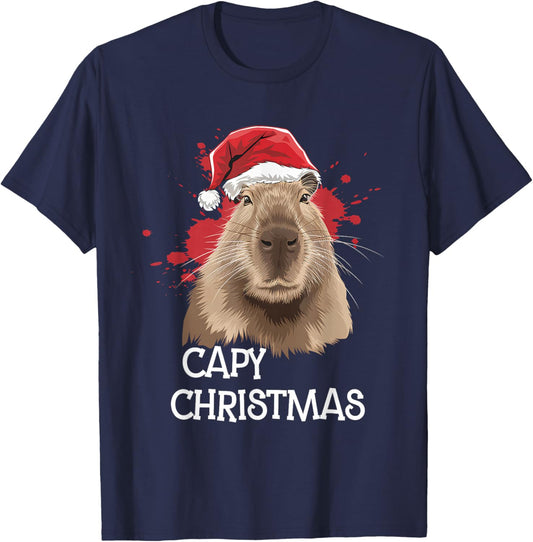 Capy Christmas Xmas Santa Hat Pajama Rodent Animal T-Shirt - T-Shirt | Navy
