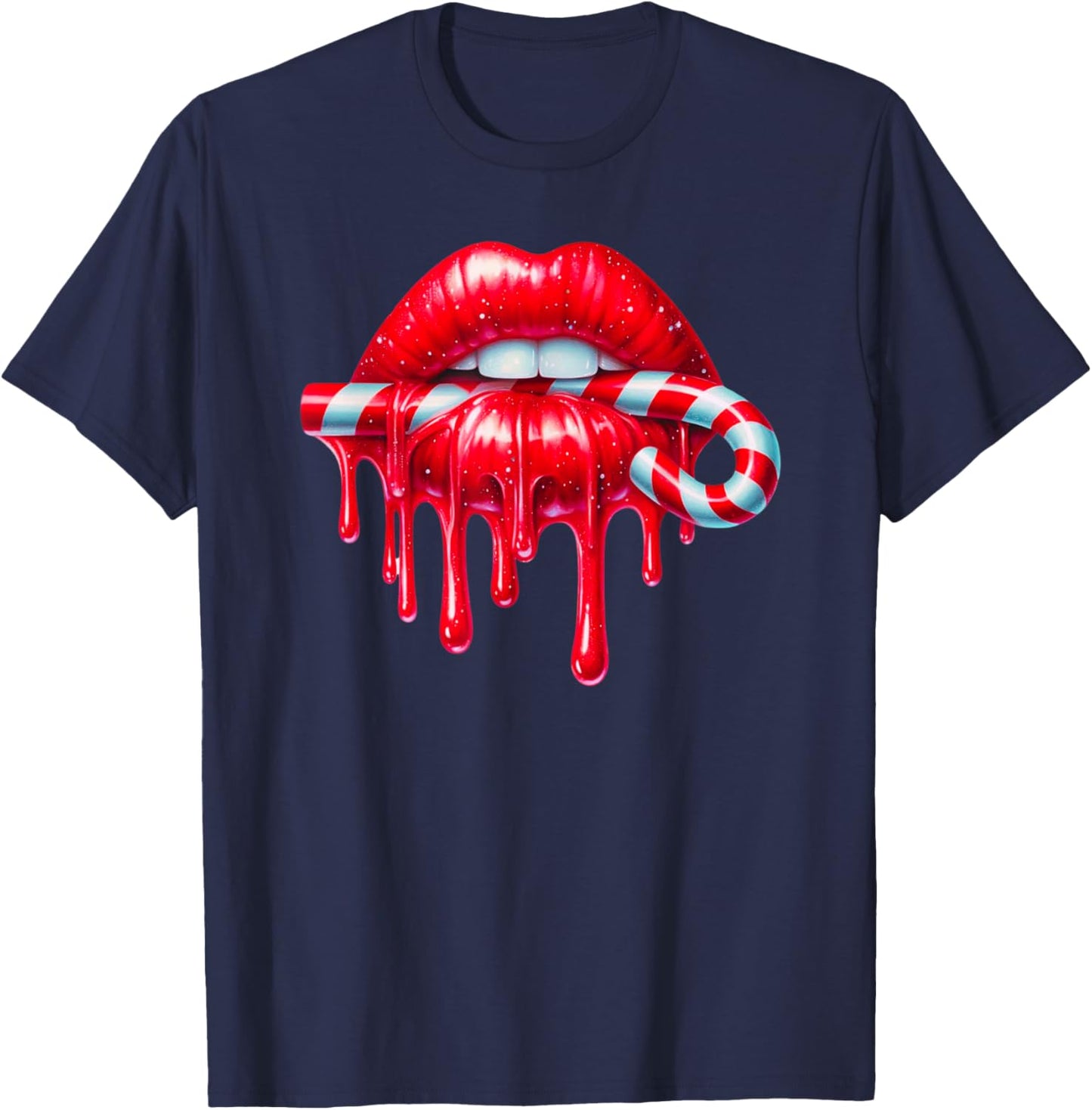 Sexy Lips Red Lipstick Kiss Dripping Candy Cane Christmas T-Shirt - T-Shirt | Navy