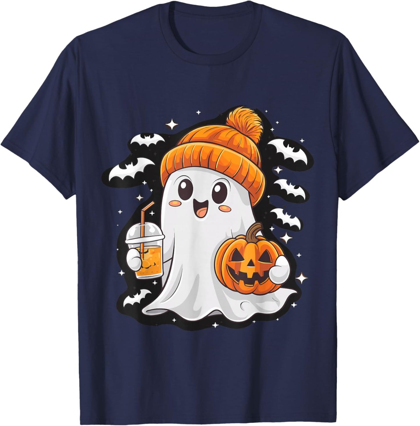Ghost with Coffee Beanie and Pumpkin Halloween Costume T-Shirt - T-Shirt | Navy