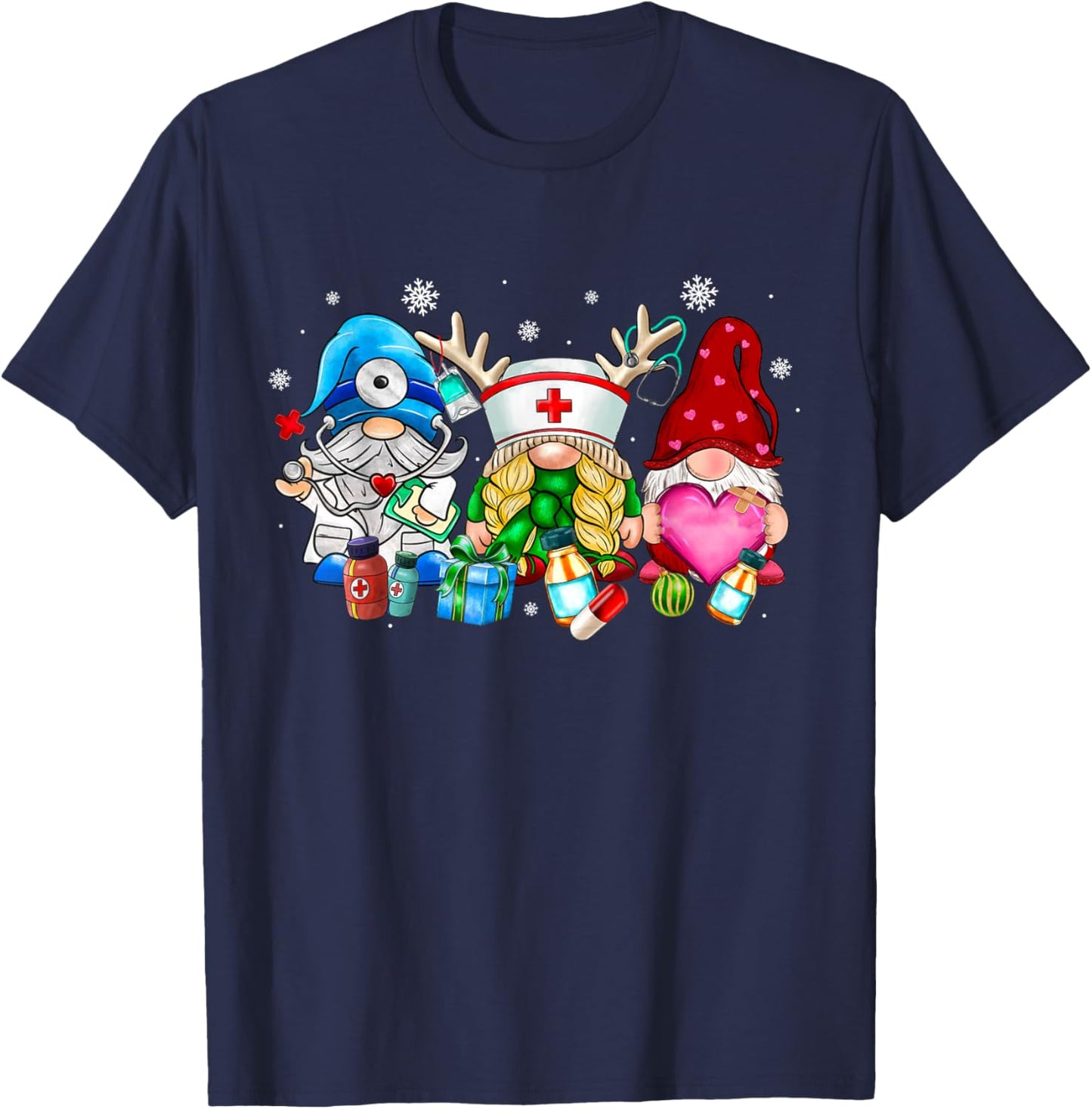 Cute Gnomes Nurse Christmas Scrub Top Nurses Women Pajamas T-Shirt - T-Shirt | Navy
