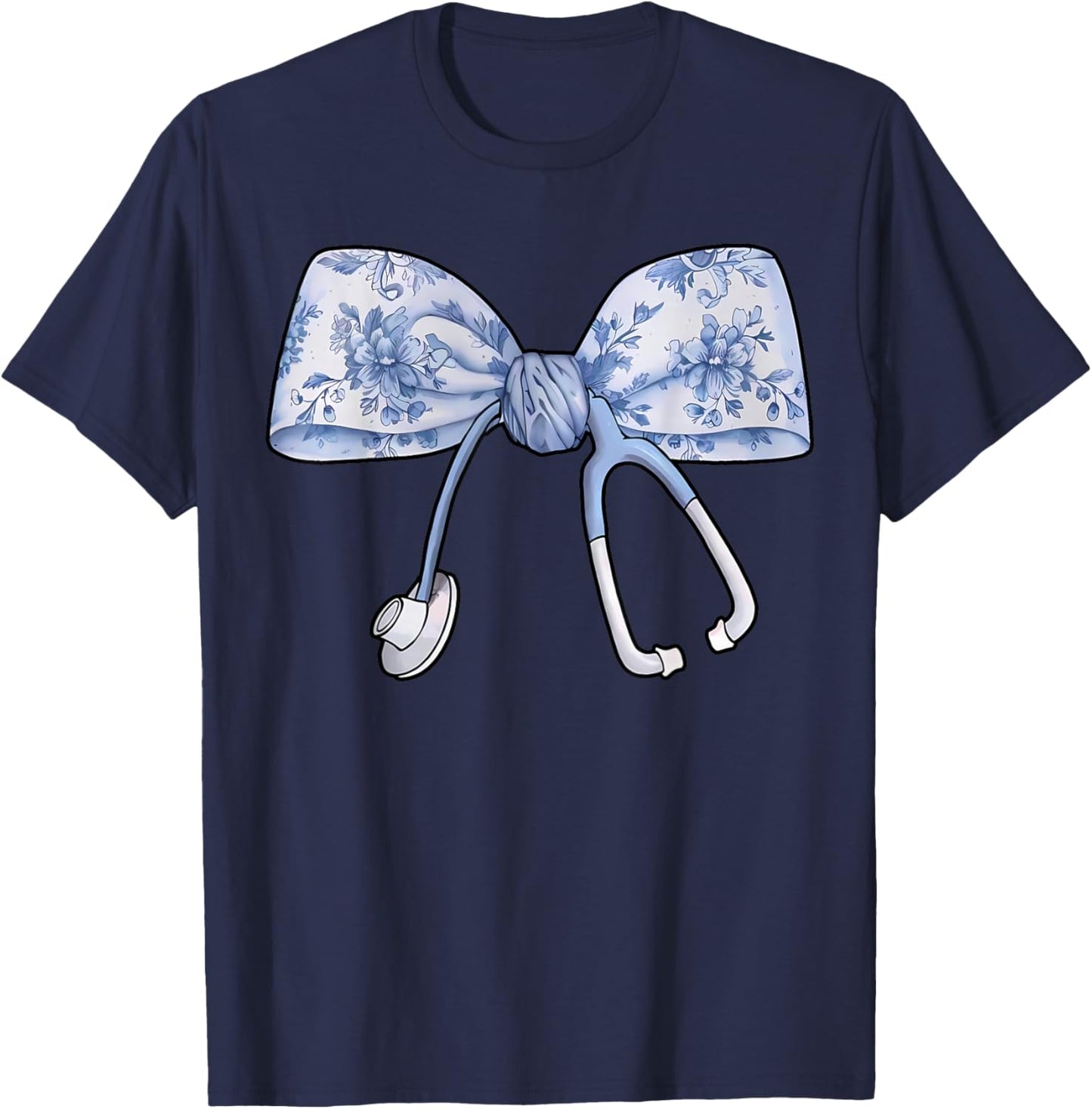 Floral Cute Blue Coquette Bow Stethoscope Registered Nurse T-Shirt - T-Shirt | Navy