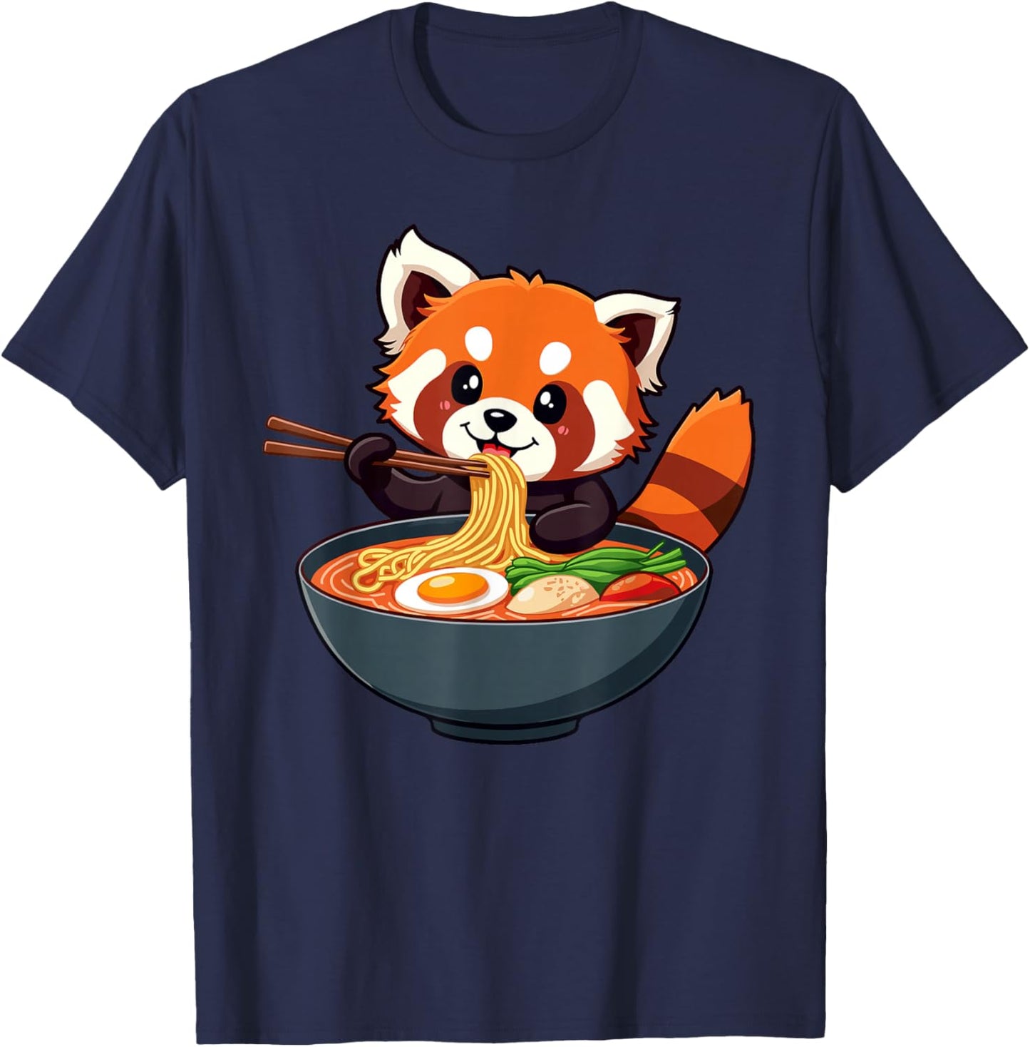 Cute Adorable Red Panda Eating Ramen Noodle Bowl T-Shirt - T-Shirt | Navy