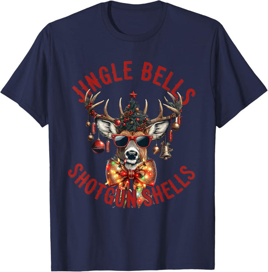 Jingle Bells Shotgun Shells, Christmas Deer hunt Hunting T-Shirt - T-Shirt | Navy