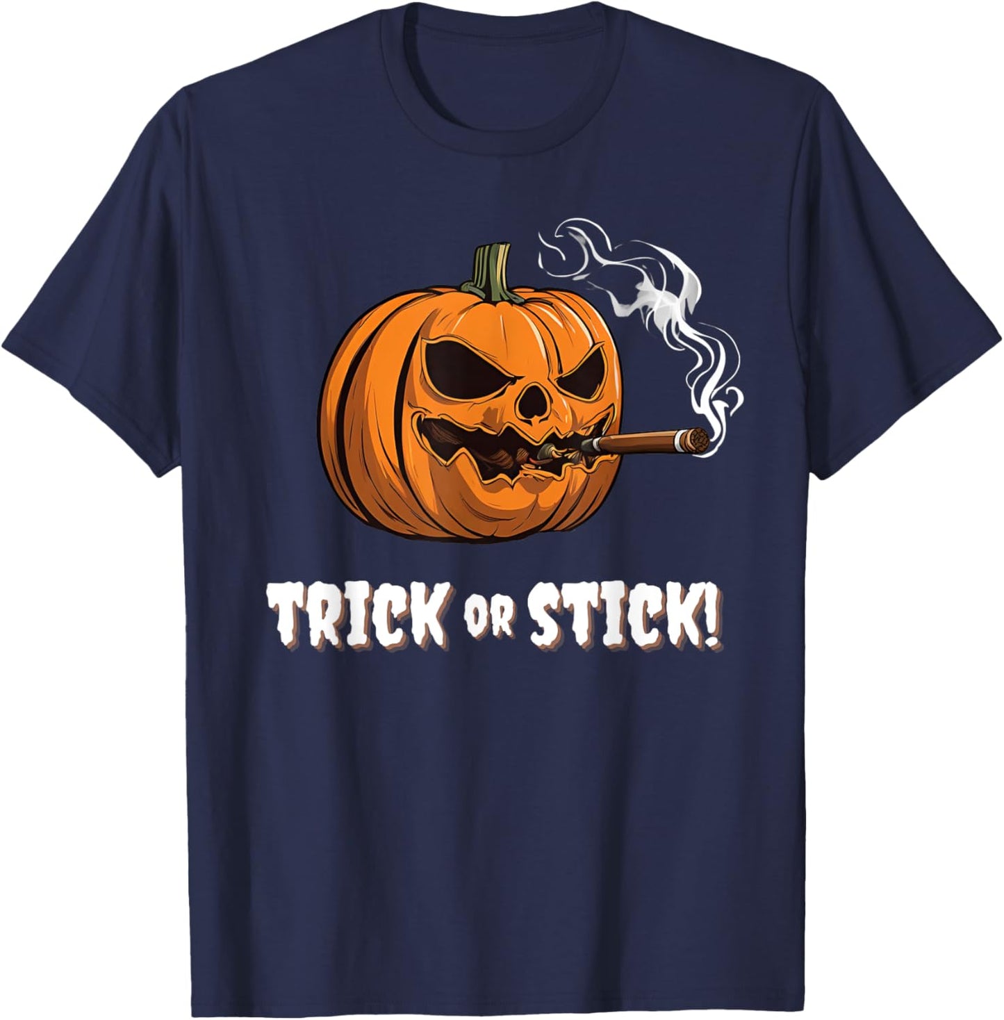 Cigar Smoking Pumpkin Halloween Trick Or Stick Lounge Gear T-Shirt - T-Shirt | Navy
