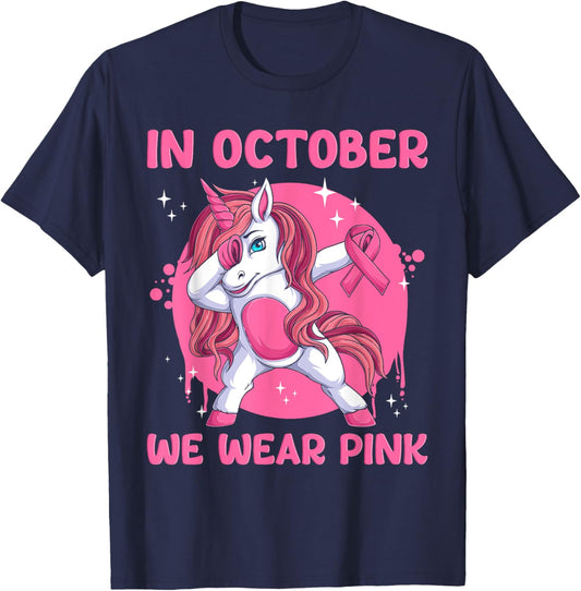 In October We Wear Pink Unicorn Breast Cancer Awareness T-Shirt - T-Shirt | Navy