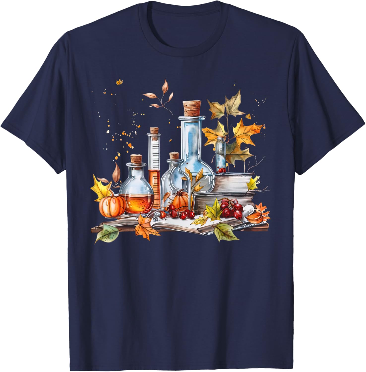 Laboratory Beakers Fall Leaves Chemist Medical Lab Autumn T-Shirt - T-Shirt | Navy