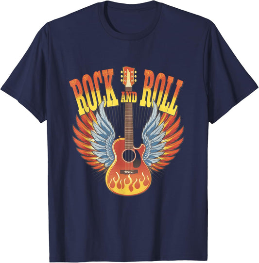 Retro 80s Rock and Roll Music Electric Vintage Guitar Wings T-Shirt - T-Shirt | Navy