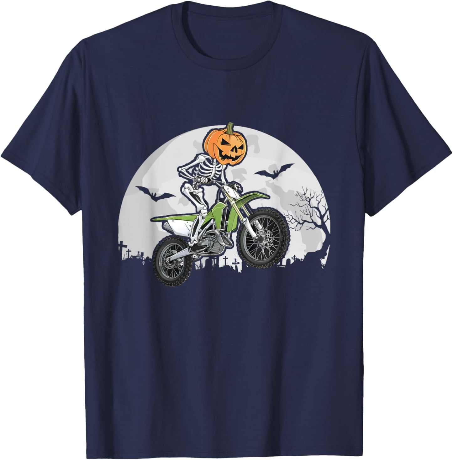 Skeleton Dirt Bike Rider Halloween Moon Motocross Biker T-Shirt - T-Shirt | Navy