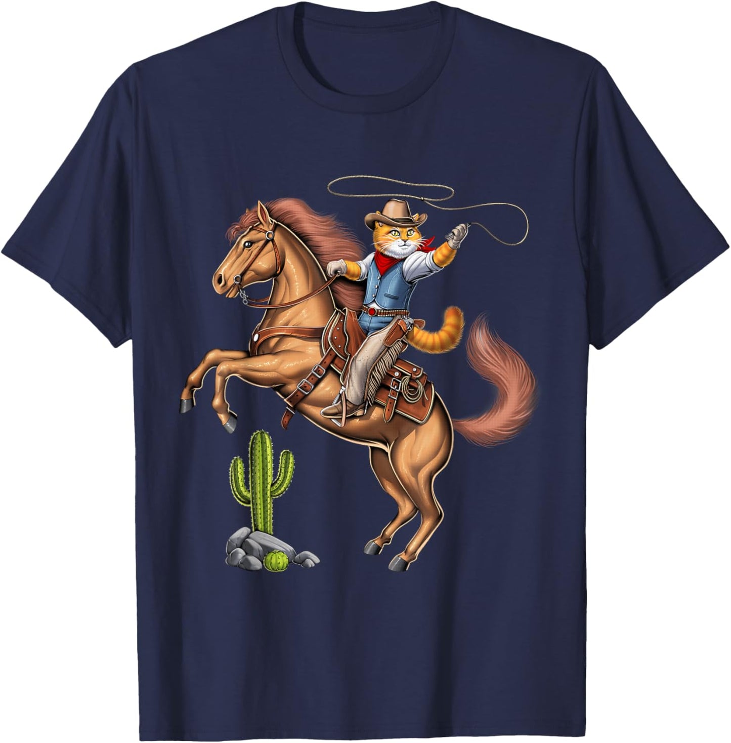 Cat Cowboy Riding Rodeo Horse Western Country Funny Cat T-Shirt - T-Shirt | Navy