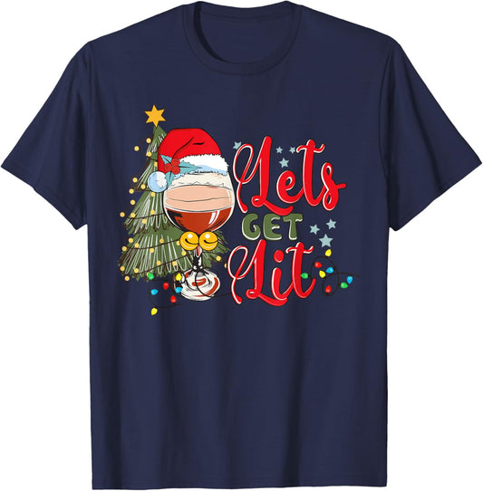 Christmas Tree Santa Hat Funny Let's Get Lit Xmas Season T-Shirt - T-Shirt | Navy