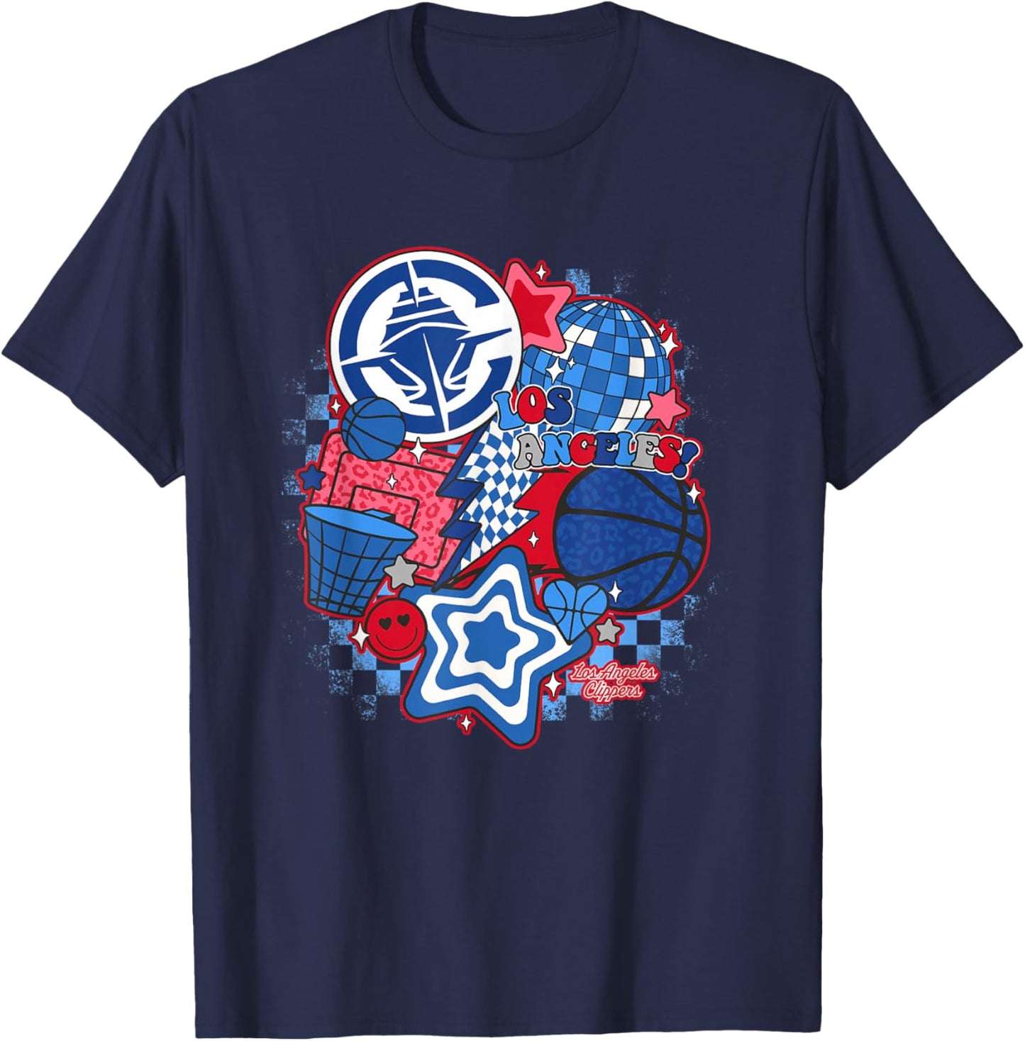 Los Angeles Clippers NBA Psychedelic Basketball Collage - -Adults & Kids - Black - Short Sleeve - Small - Classic Fit - Cotton Blend - NBA Los Angeles Clippers Basketball T-Shirt - T-Shirt | Navy