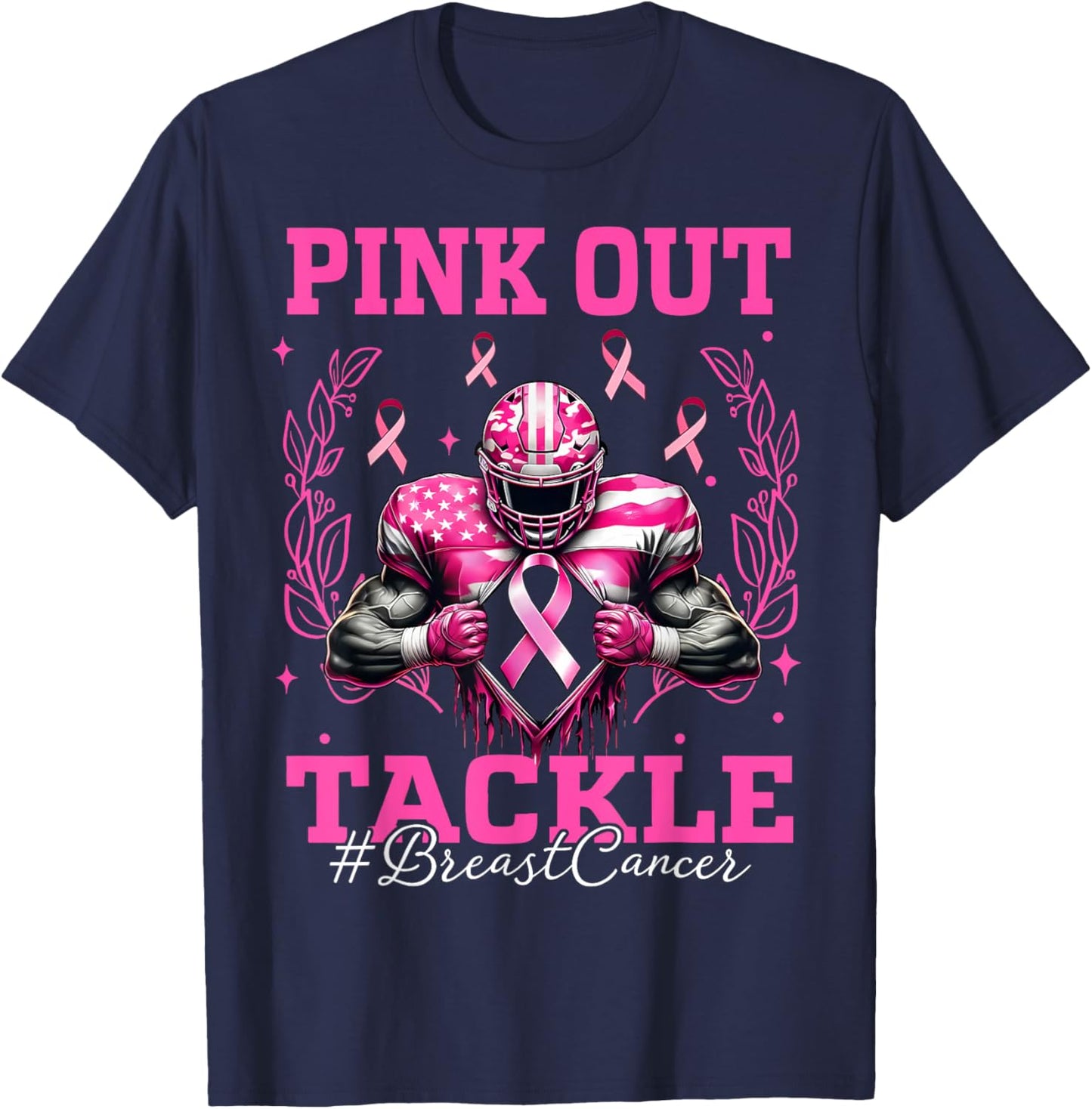 Pink Out Tackle Breast Cancer Awareness Football Pink Ribbon T-Shirt - T-Shirt | Navy