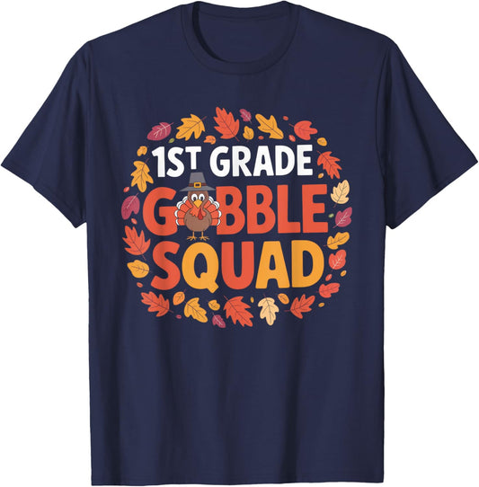 1st Grade Gobble Squad Turkey Fall Fun School Design T-Shirt - T-Shirt | Navy