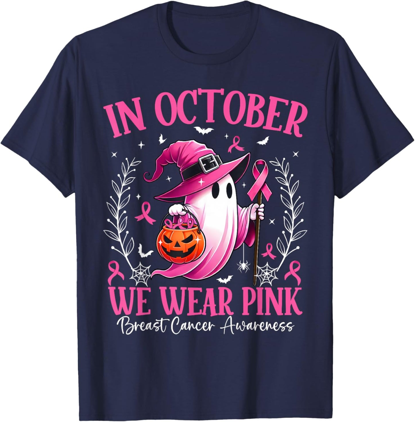 In October We Wear Pink Breast Cancer Awareness Halloween T-Shirt - T-Shirt | Navy