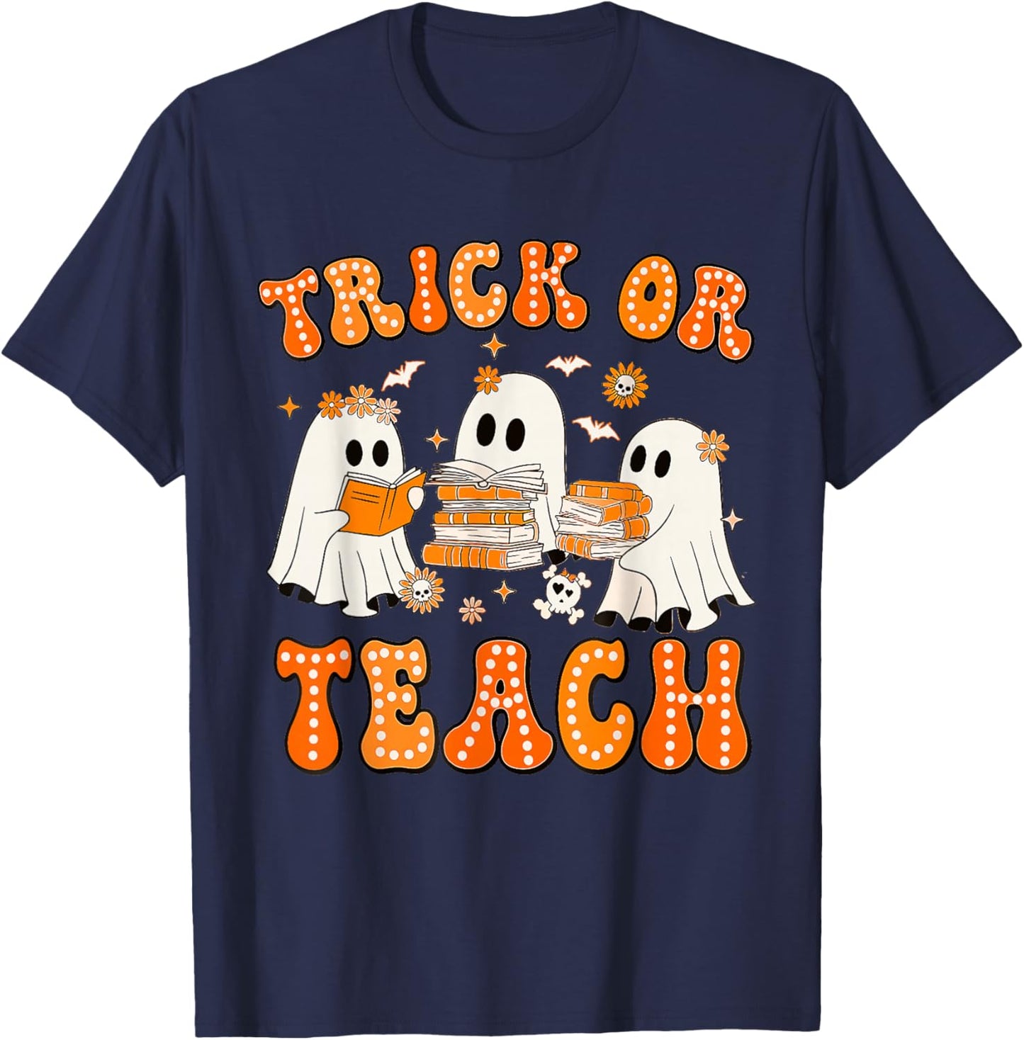 Teacher Halloween Trick or Teach Retro Groovy Floral Ghost T-Shirt - T-Shirt | Navy
