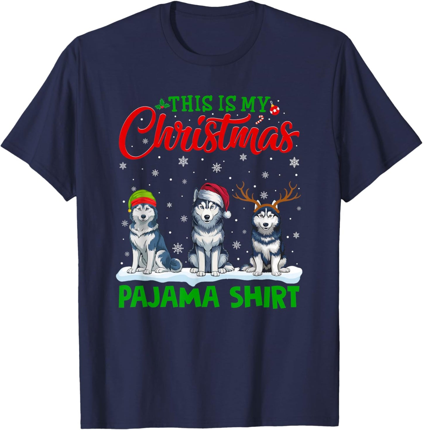 Xmas Santa Hat Reindeer Siberian Husky Dog Christmas Pajama T-Shirt - T-Shirt | Navy