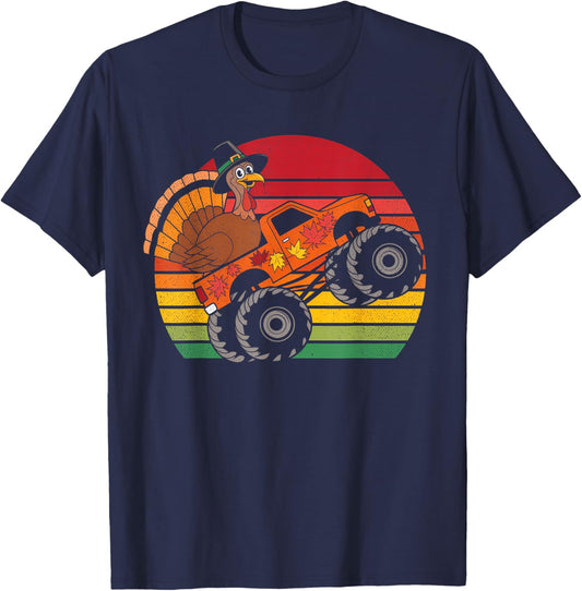 Kids Monster Truck Turkey Sunset Retro Thanksgiving Boy Kid T-Shirt - T-Shirt | Navy