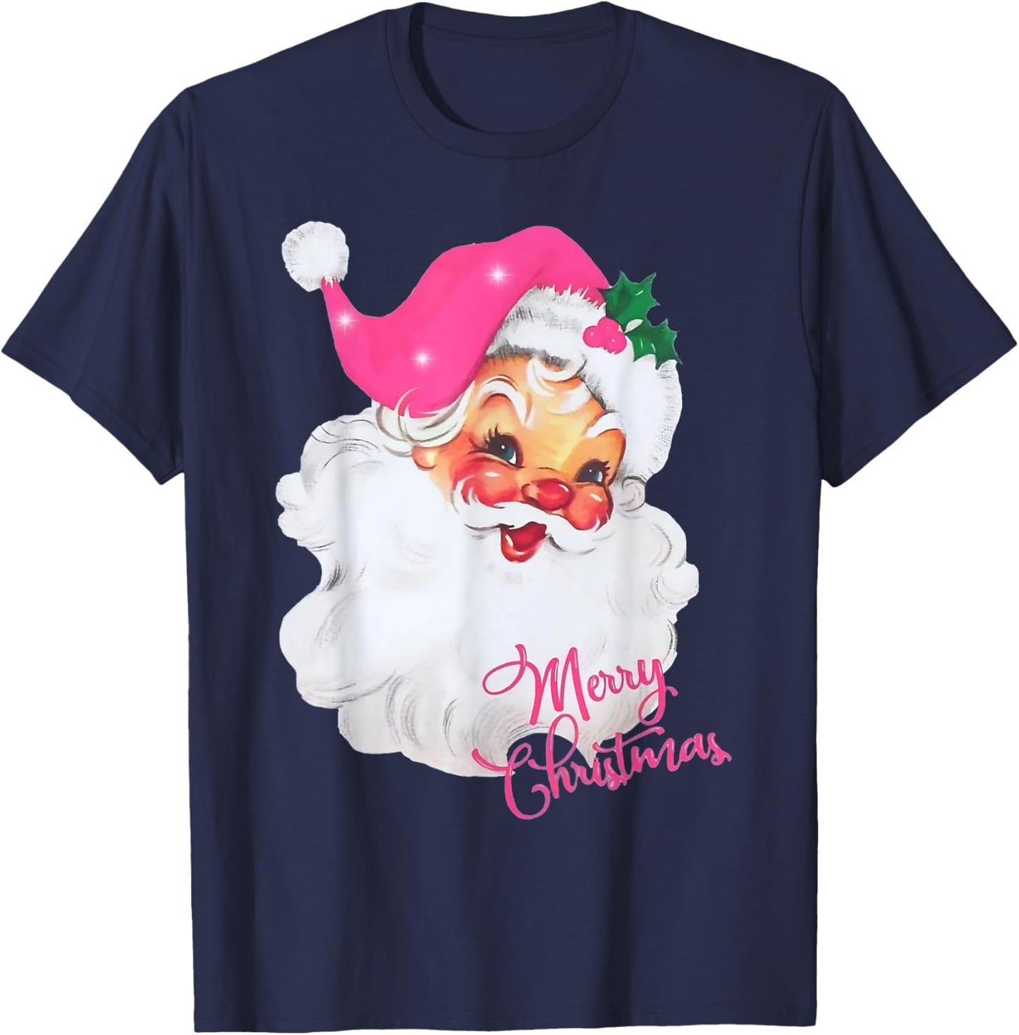 Vintage Pink Santa Claus Merry Christmas Pajamas Xmas Women T-Shirt - T-Shirt | Navy