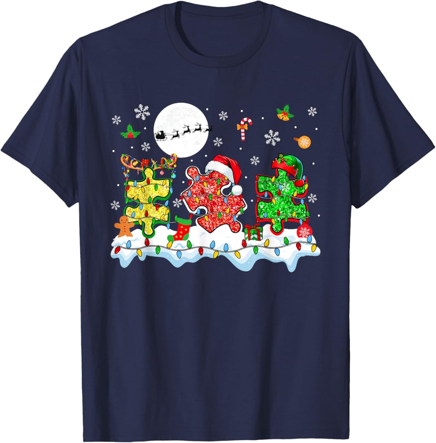 Xmas Three Santa Reindeer Elf Autism Awareness Puzzle Pieces T-Shirt - T-Shirt | Navy