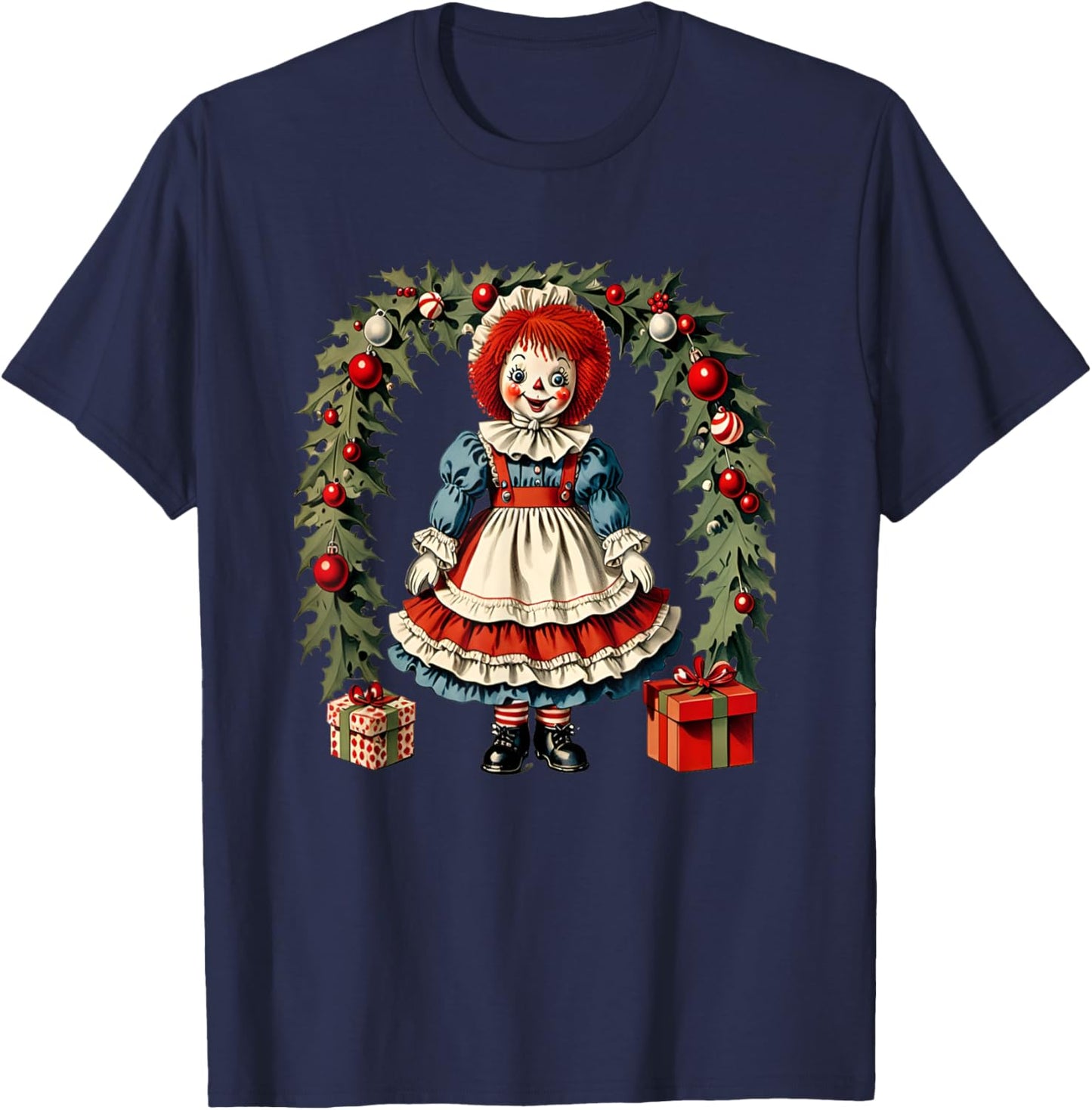 X-mas Children's Cloth Rag Doll Story Raggedy Ann Christmas Wreath and Presents T-Shirt - T-Shirt | Navy