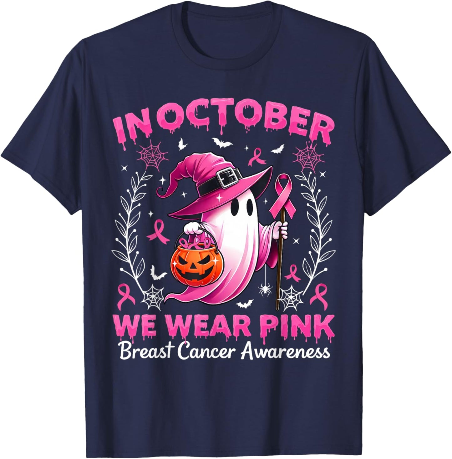 In October We Wear Pink Breast Cancer Awareness Halloween T-Shirt - T-Shirt | Navy