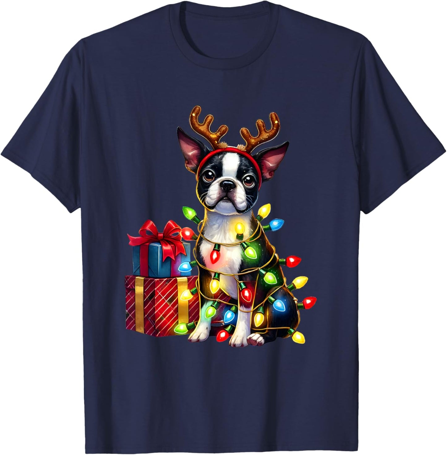 Pet Animal Boston Terrier Dog Reindeer Antlers Christmas Women Kids T-Shirt - T-Shirt | Navy