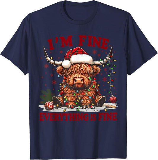 I'm Fine Everything is Fine Funny Christmas Highland Cow T-Shirt - T-Shirt | Navy