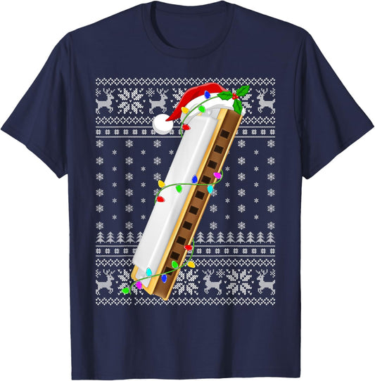 Ugly Sweater Xmas Lights Santa Musical Harmonica Christmas T-Shirt - T-Shirt | Navy