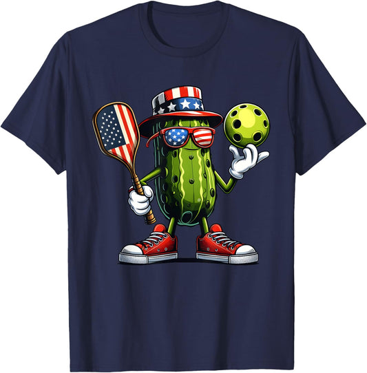 4th of July Patriotic Pickle Playing pickleball Paddle T-Shirt - T-Shirt | Navy