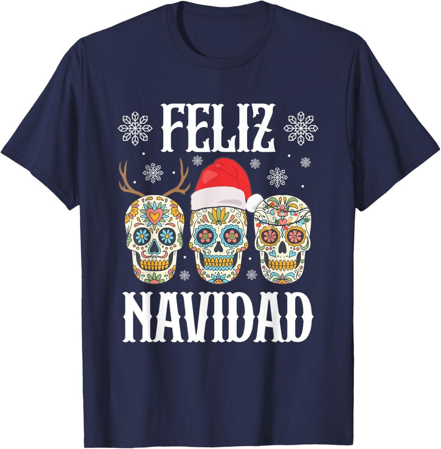 Feliz Navidad Skeletons Reindeer Santa Mexican Christmas T-Shirt - T-Shirt | Navy