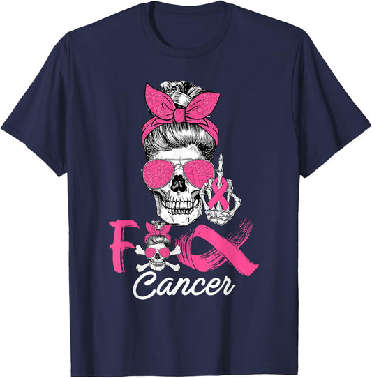 Fuck Cancer Breast Cancer Messy Bun Skeleton Halloween Day T-Shirt - T-Shirt | Navy