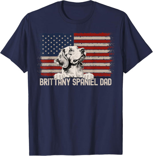 Best Dog Dad Ever American Flag - Brittany Spaniel Dad T-Shirt - T-Shirt | Navy