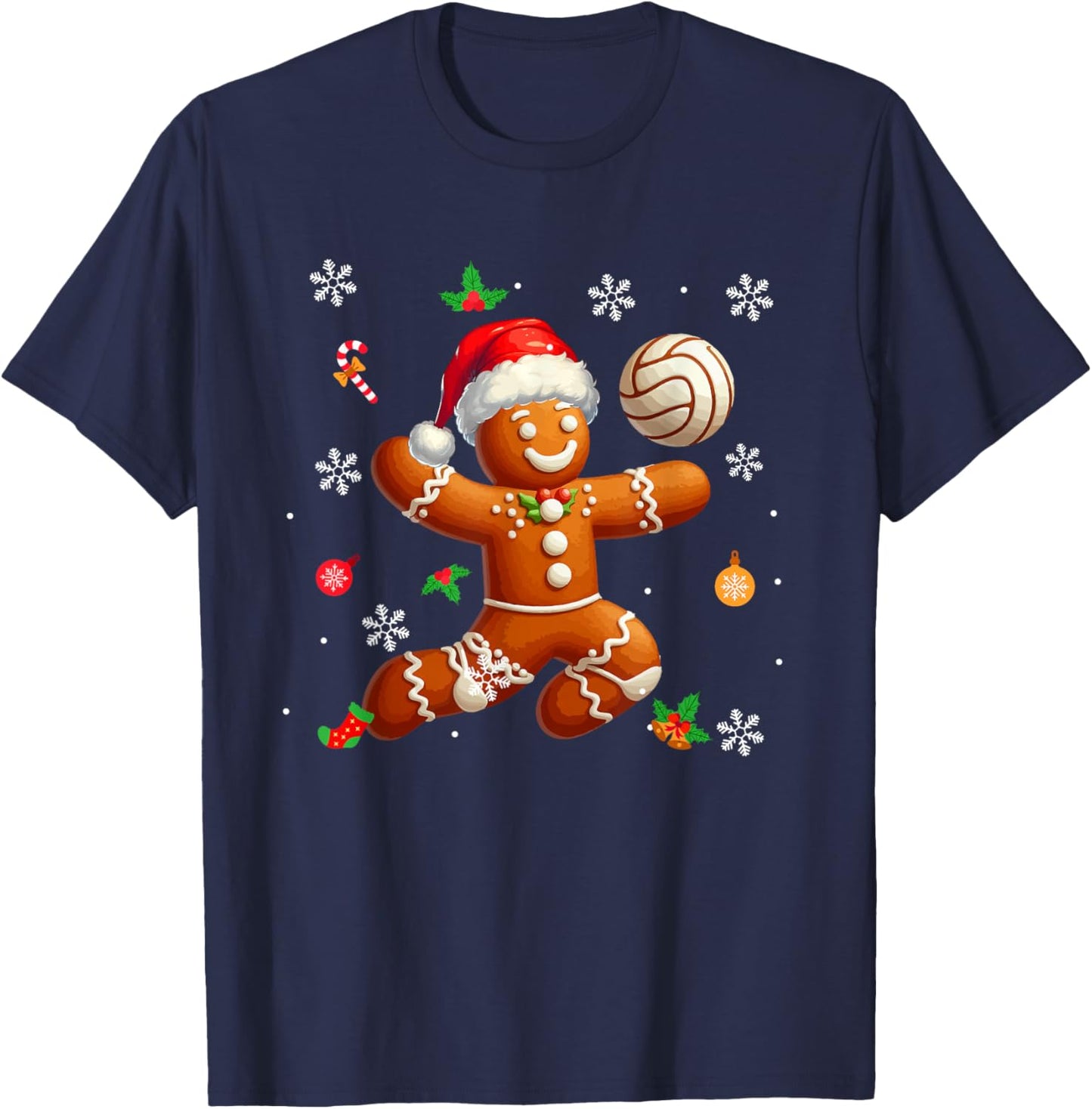 Gingerbread Playing Volleyball Christmas Player Kids Family T-Shirt - T-Shirt | Navy
