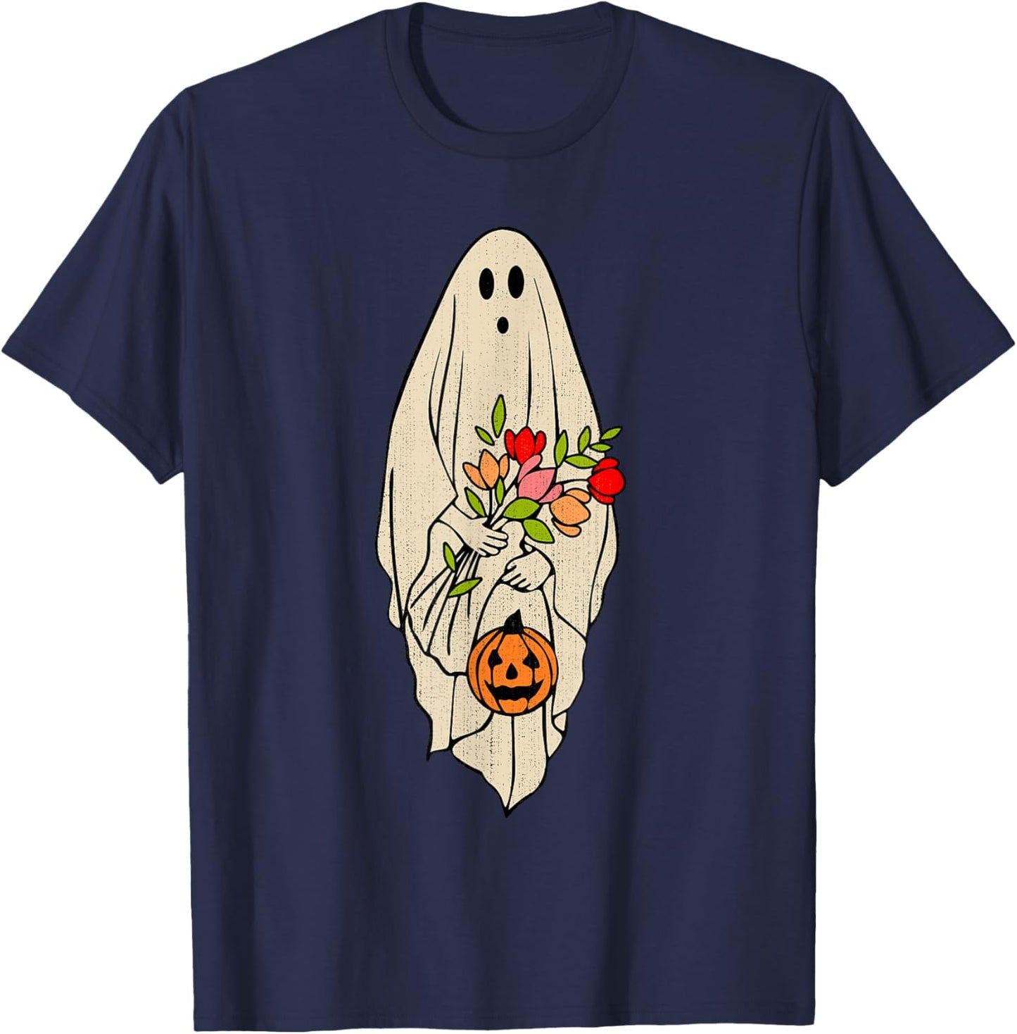 Retro Vintage Ghost Floral Pumpkin Halloween Girls T-Shirt - T-Shirt | Navy